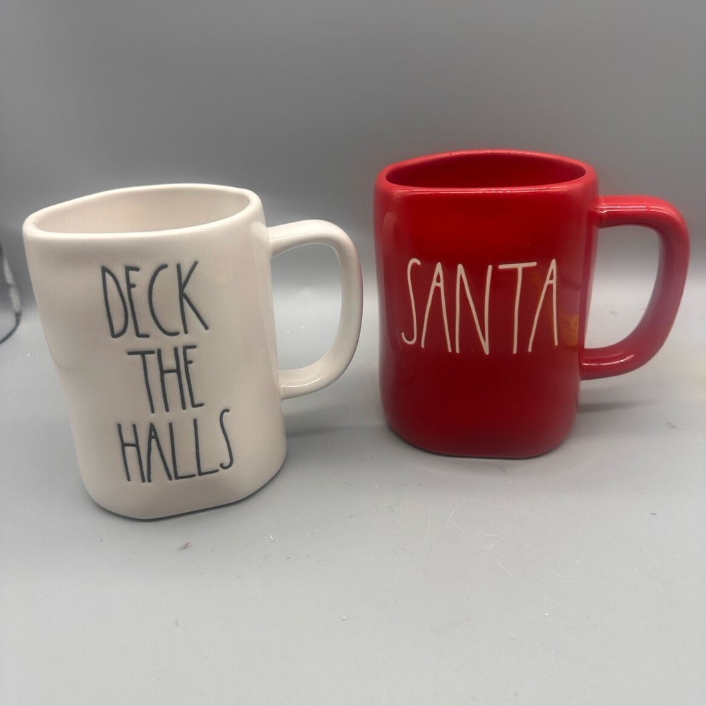 Rae Dunn Holiday 'SANTA' and 'DECK THE HALLS' Ceramic Mugs - Red & White